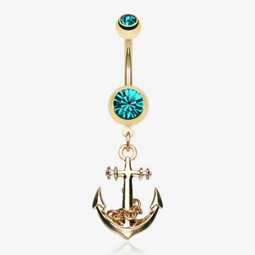 Golden Classic Anchor Belly Ring-Teal